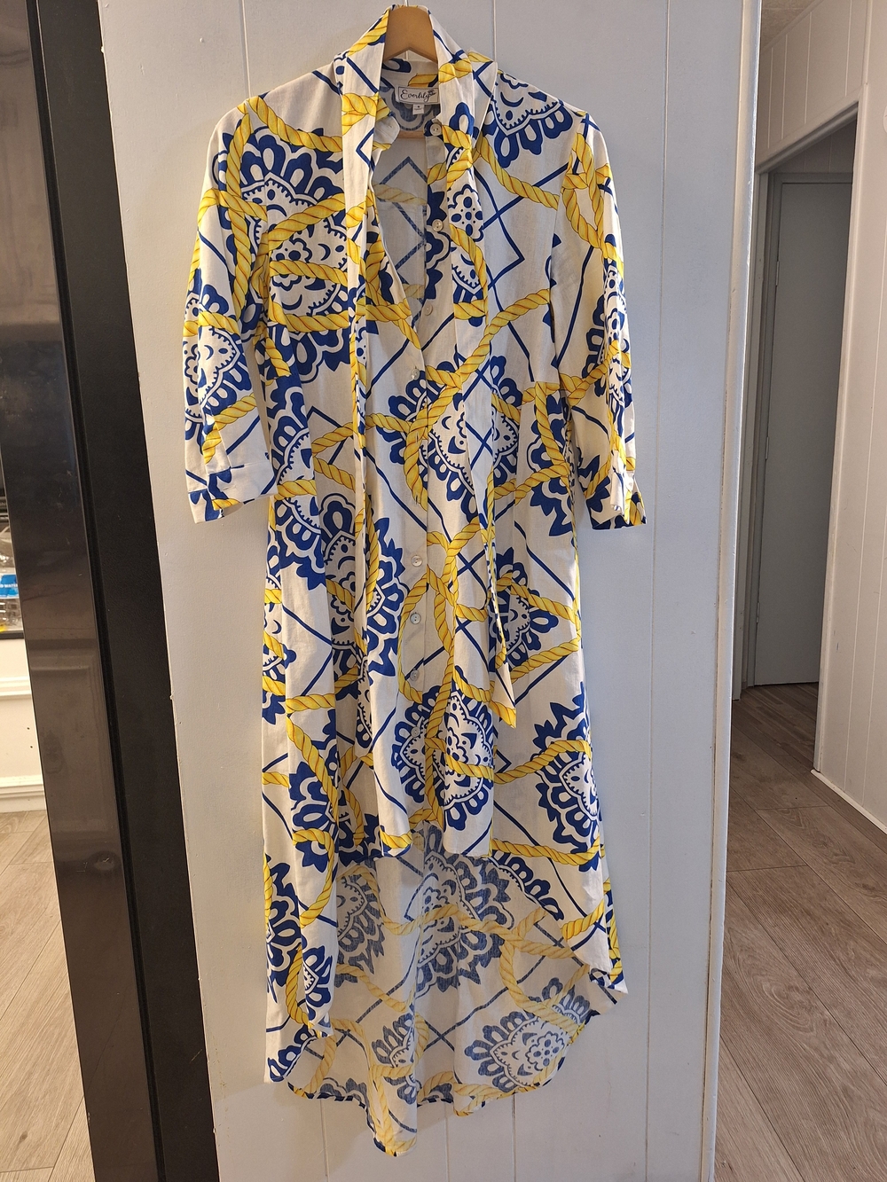 Women's High-Low Shirt Dress in White with Blue & Yellow Print